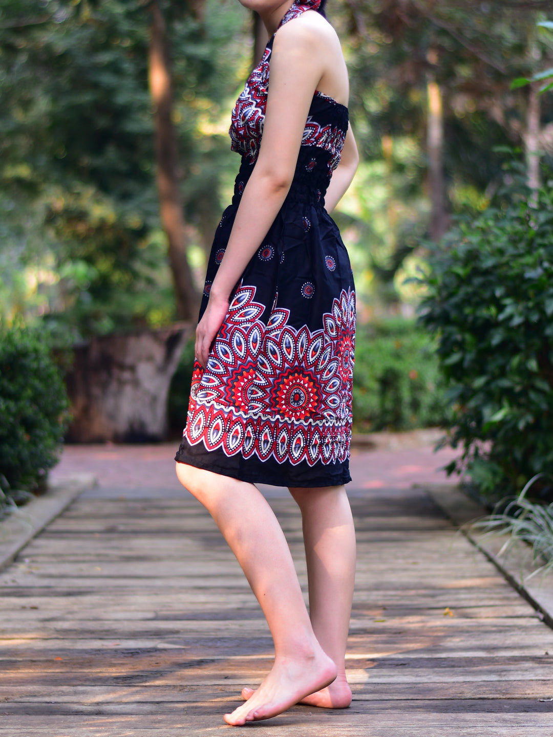Bohotusk Black Sun Beam Tie Neck Knee Length Dress