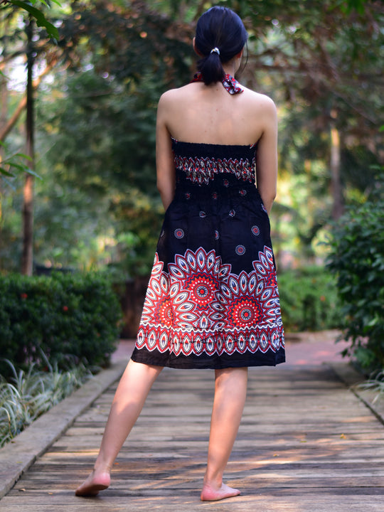 Bohotusk Black Sun Beam Tie Neck Knee Length Dress