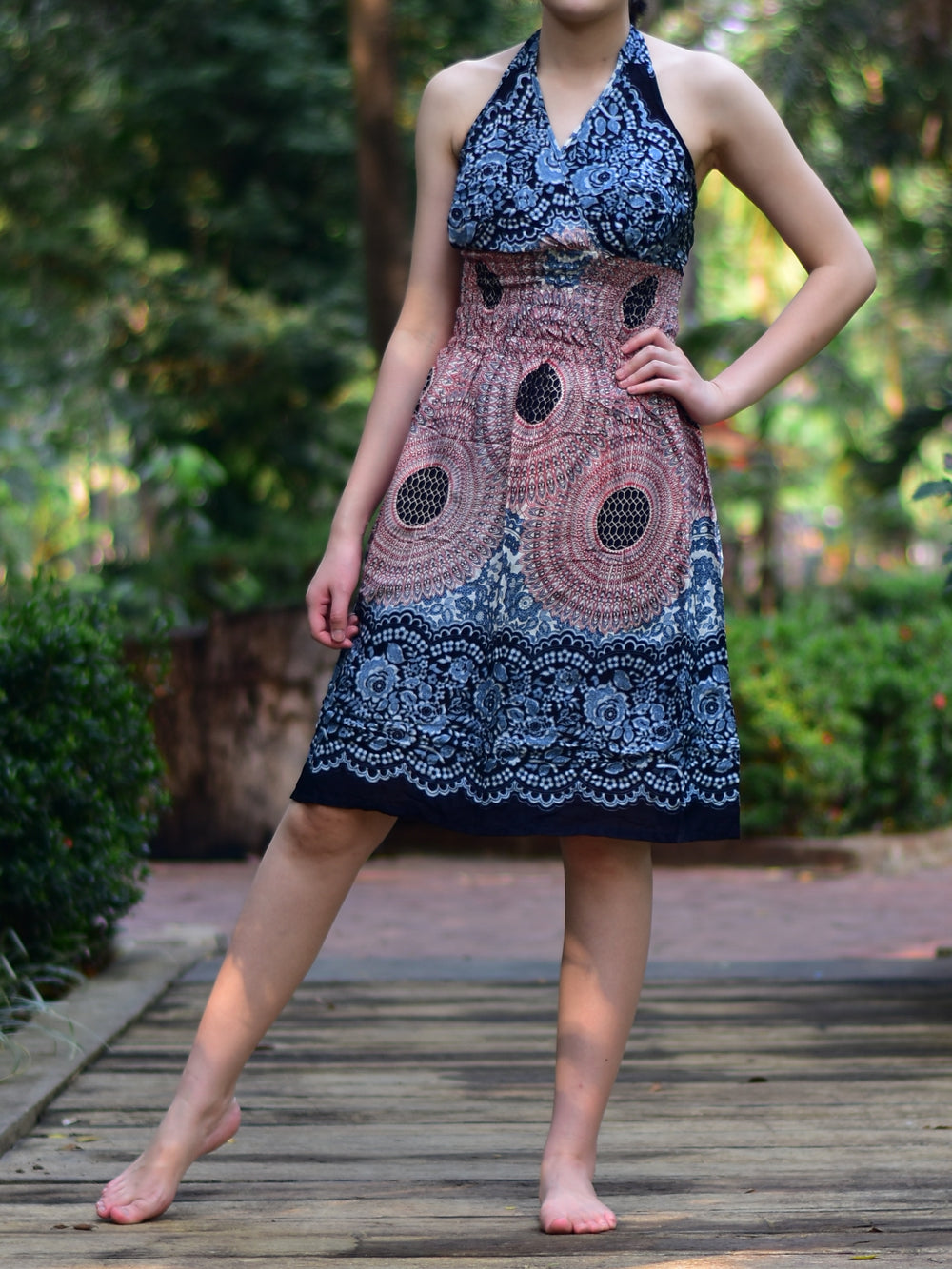 Bohotusk Light Pink & White Sun Glow Print Tie Neck Knee Length Dress