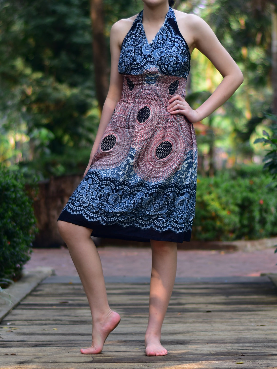 Bohotusk Light Pink & White Sun Glow Print Tie Neck Knee Length Dress