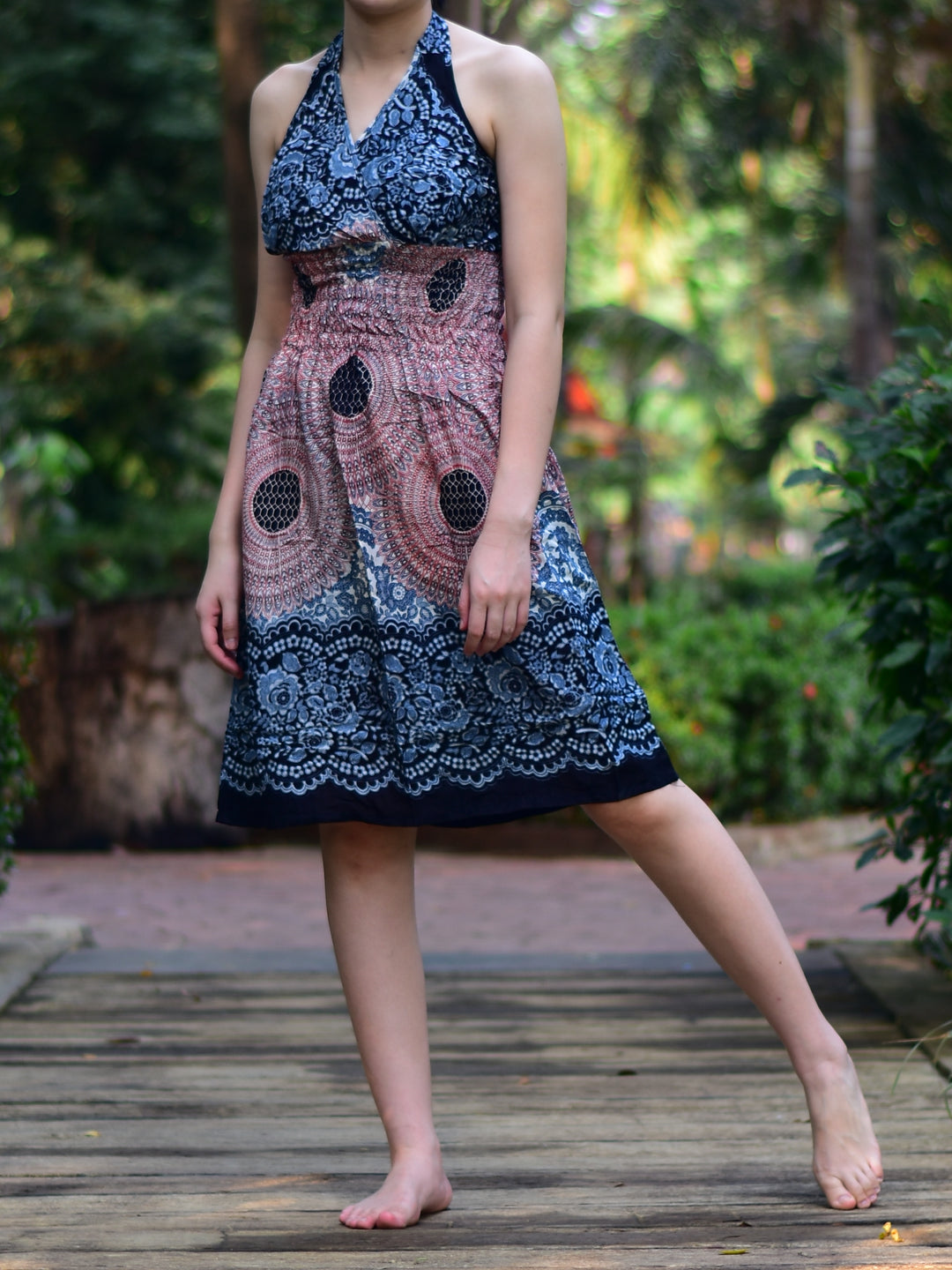 Bohotusk Light Pink & White Sun Glow Print Tie Neck Knee Length Dress