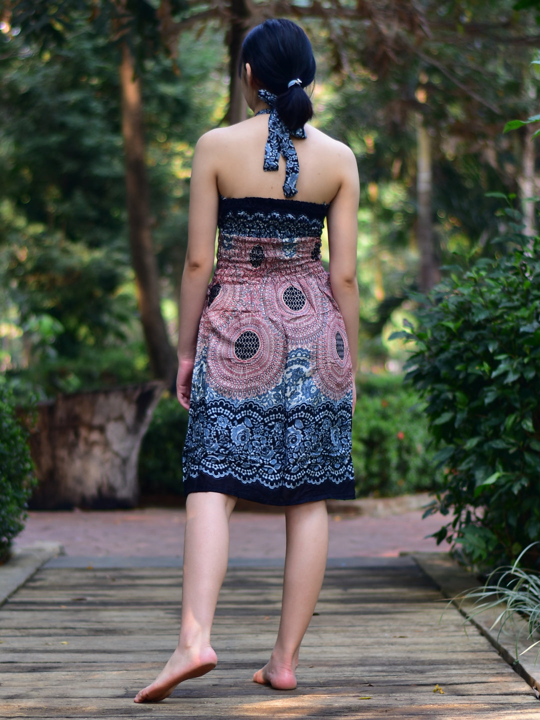 Bohotusk Light Pink & White Sun Glow Print Tie Neck Knee Length Dress