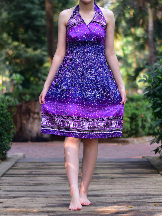 Bohotusk Purple Night Sky Tie Neck Knee Length Dress