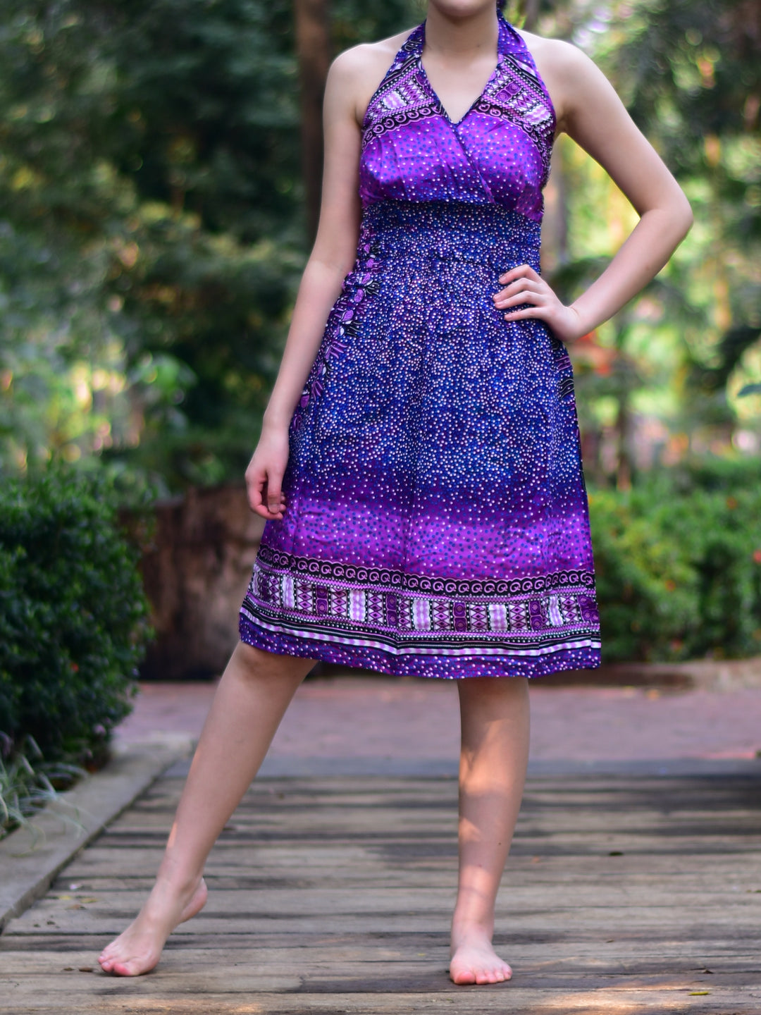 Bohotusk Purple Night Sky Tie Neck Knee Length Dress