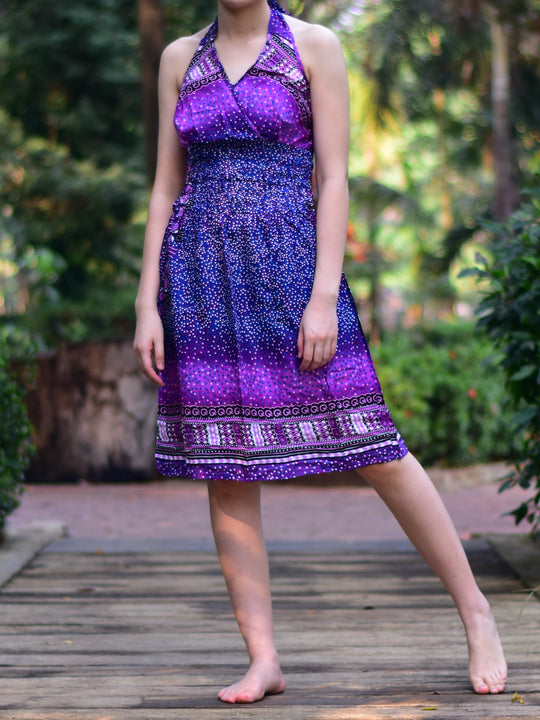 Bohotusk Purple Night Sky Tie Neck Knee Length Dress