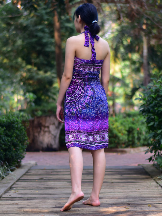 Bohotusk Purple Night Sky Tie Neck Knee Length Dress