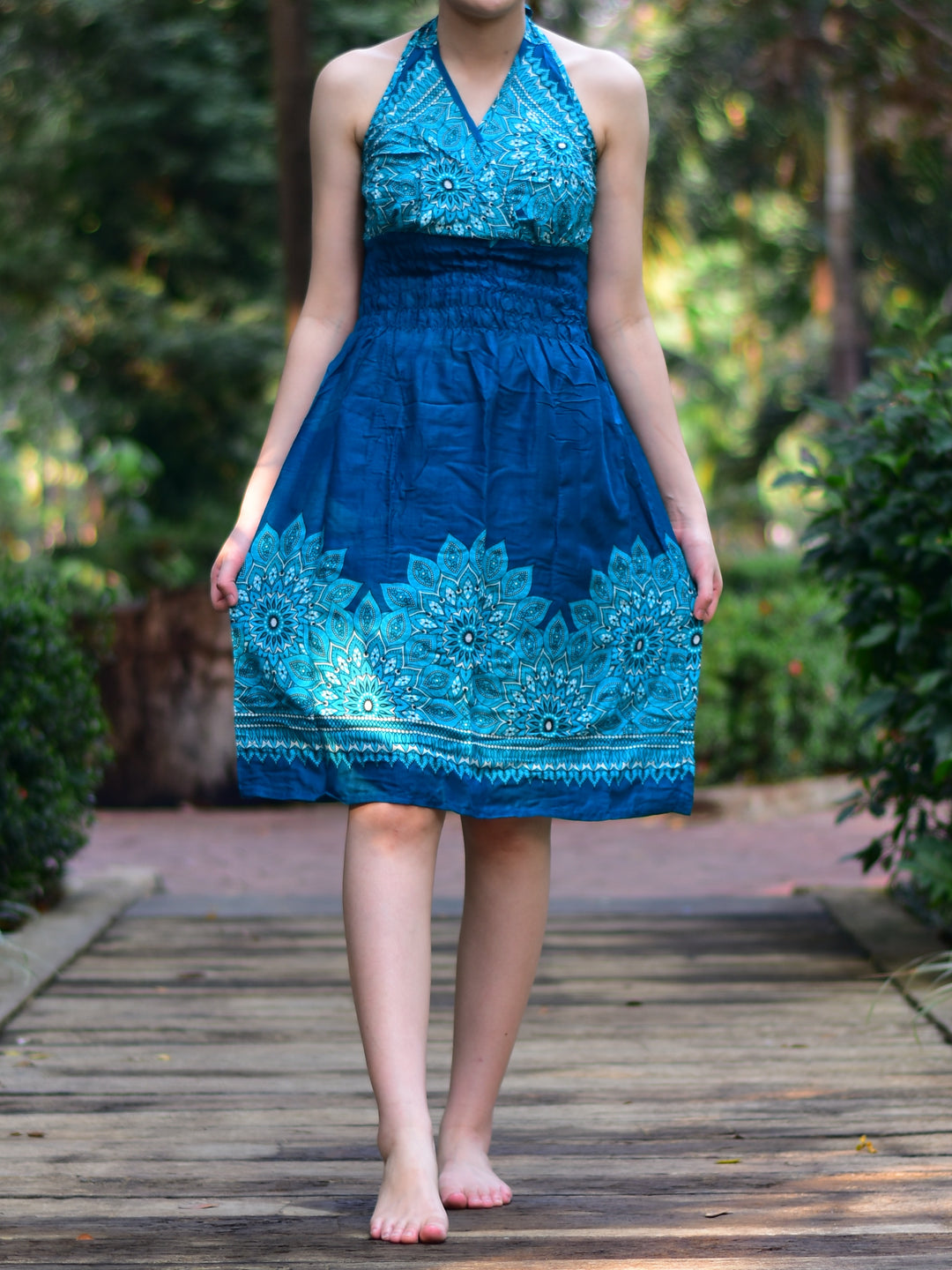 Bohotusk Teal Tigers Eye Tie Neck Knee Length Dress