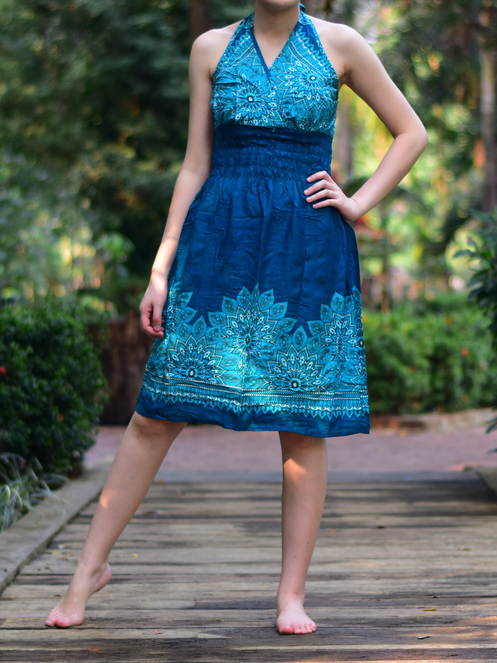 Bohotusk Teal Tigers Eye Tie Neck Knee Length Dress