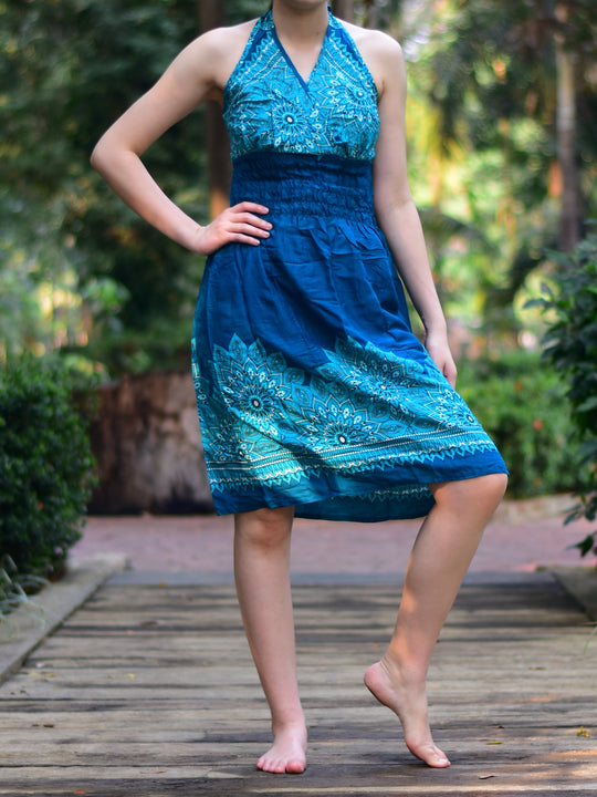 Bohotusk Teal Tigers Eye Tie Neck Knee Length Dress