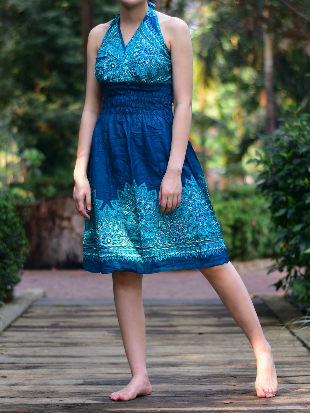 Bohotusk Teal Tigers Eye Tie Neck Knee Length Dress