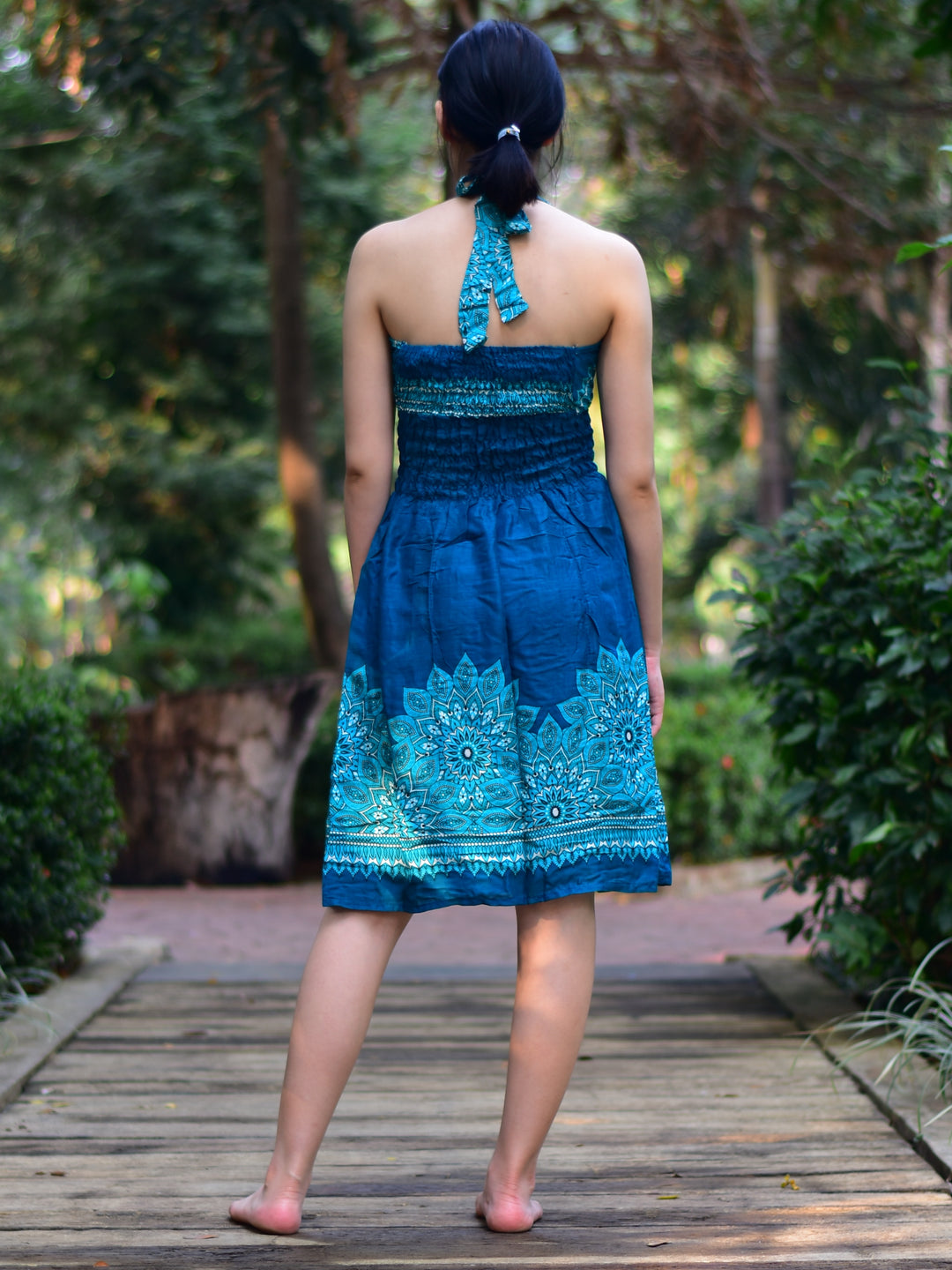 Bohotusk Teal Tigers Eye Tie Neck Knee Length Dress