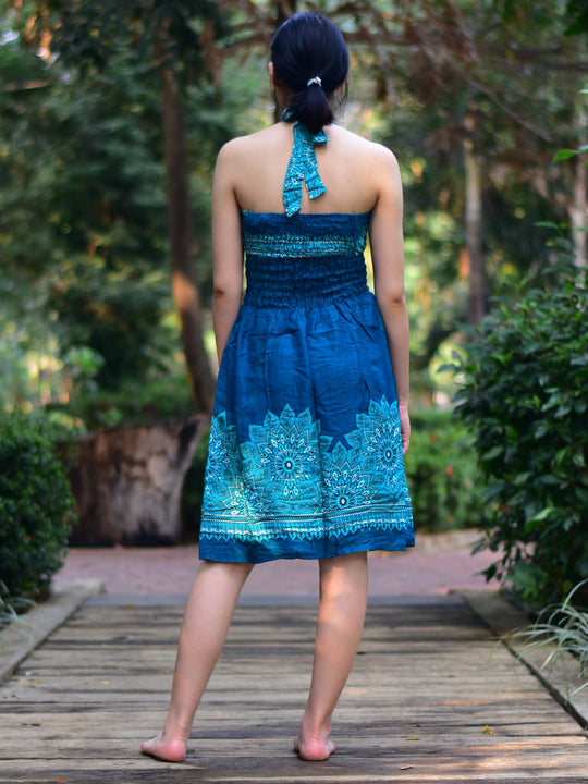 Bohotusk Teal Tigers Eye Tie Neck Knee Length Dress